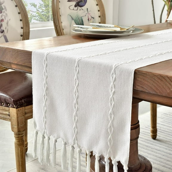 Rustic Linen Table Runner, 13"x72" Farmhouse Style Embroidered Table Runner with Hand-Tassels for Dining Table, Party, or Dresser Decor (White)