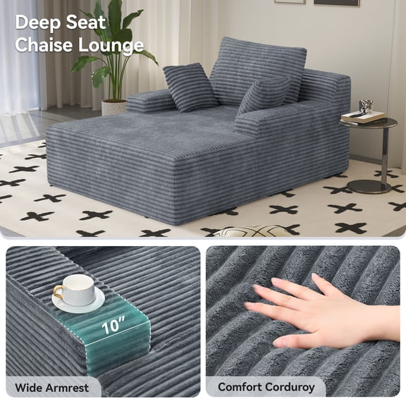 Corduroy Chaise Lounge Sofa, Gray Striped Fabric Deep Seat Lazy Couch with 2 Pillows and No Assembly Required for Living Room