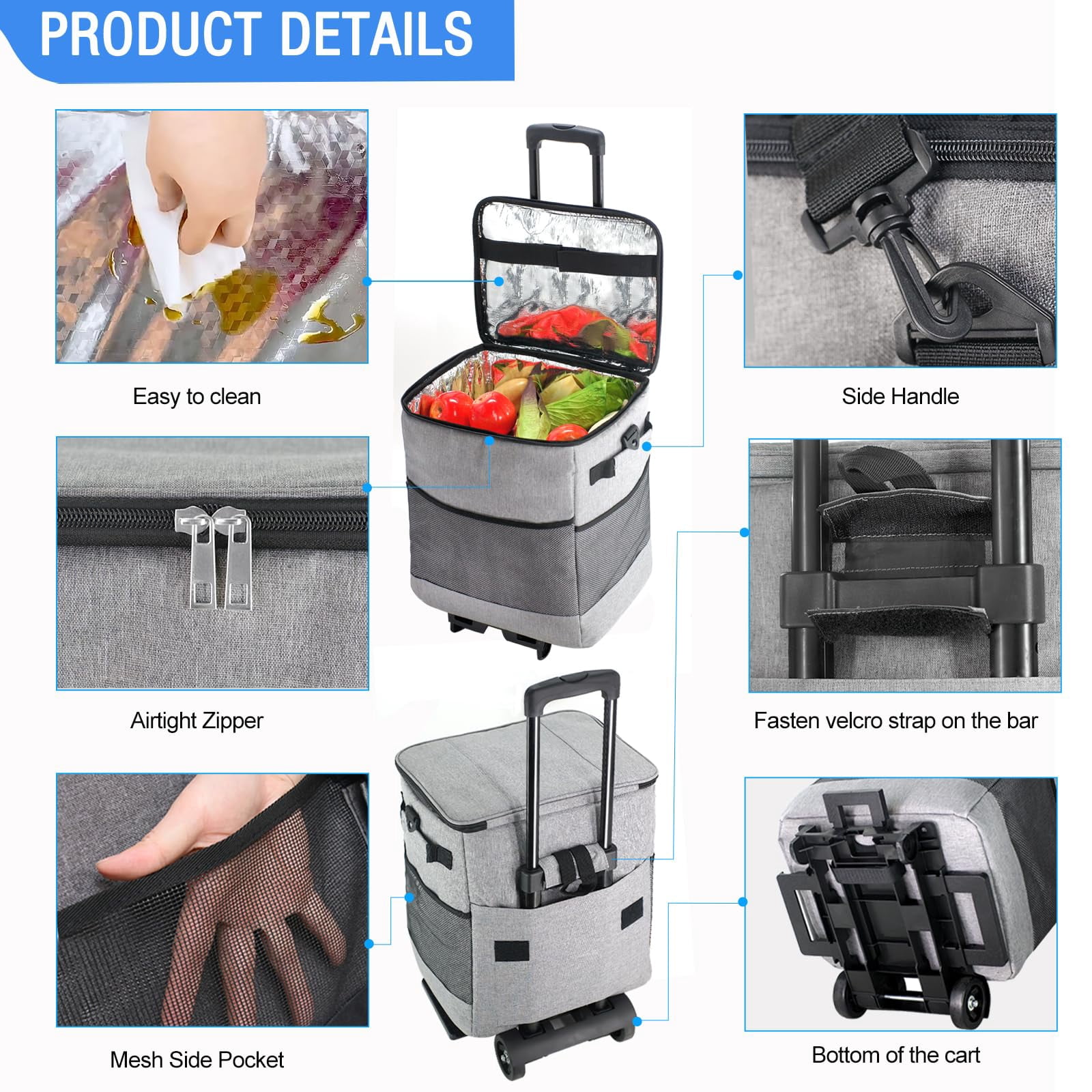 Collapsible Large Rolling Cooler 60-Can/40L,3-in-1 Insulated Soft Cooler Bag,Adjustable Wheels&Handle, Rolling Cooler Cart for Beach Camping Travel Outdoor Hot Takeout Orders