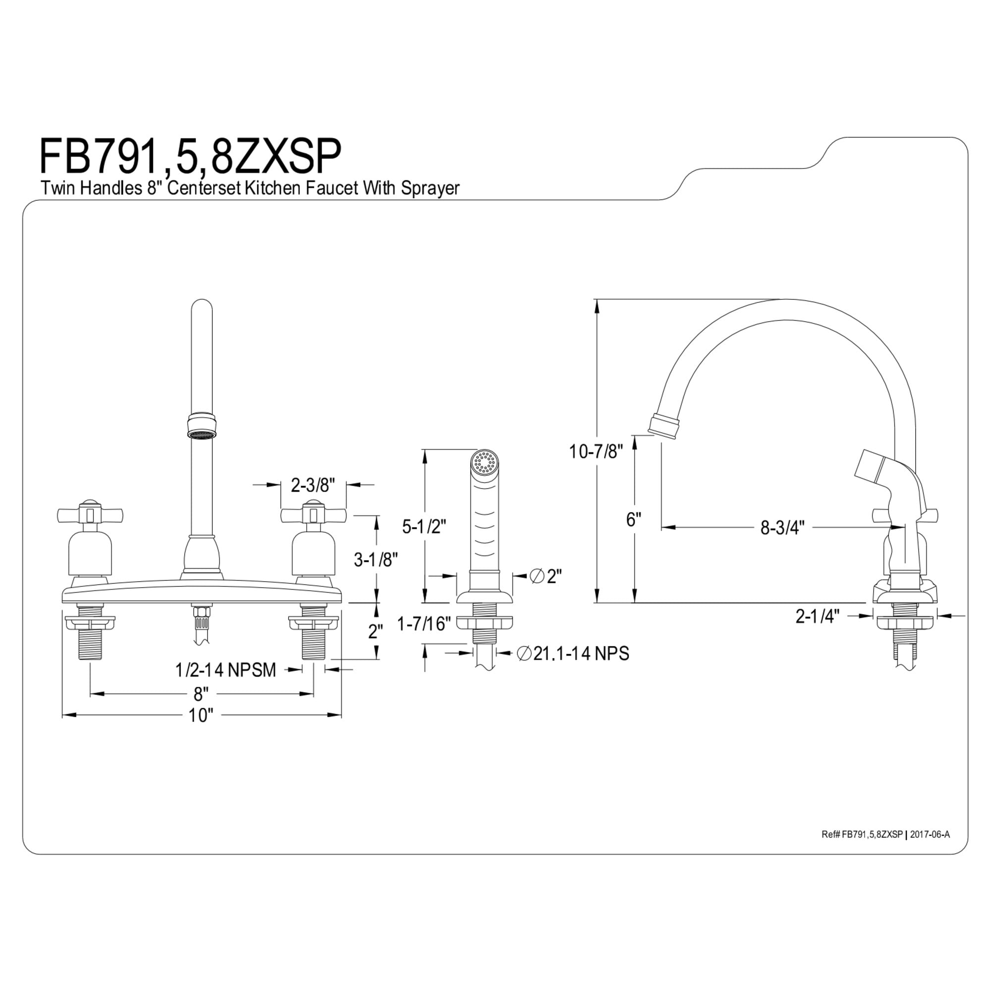 Kingston FB798ZXSP Millennium Two-Handle 4-Hole 8" Centerset Kitchen Faucet with Side Sprayer in Brushed Nickel