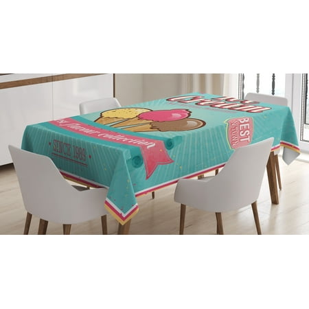 Ice Cream Decor Tablecloth, Best Flavor Collection Quote with Free Topping Kids Design, Rectangular Table Cover for Dining Room Kitchen, 60 X 84 Inches, Seafoam Pink Light Yellow, by