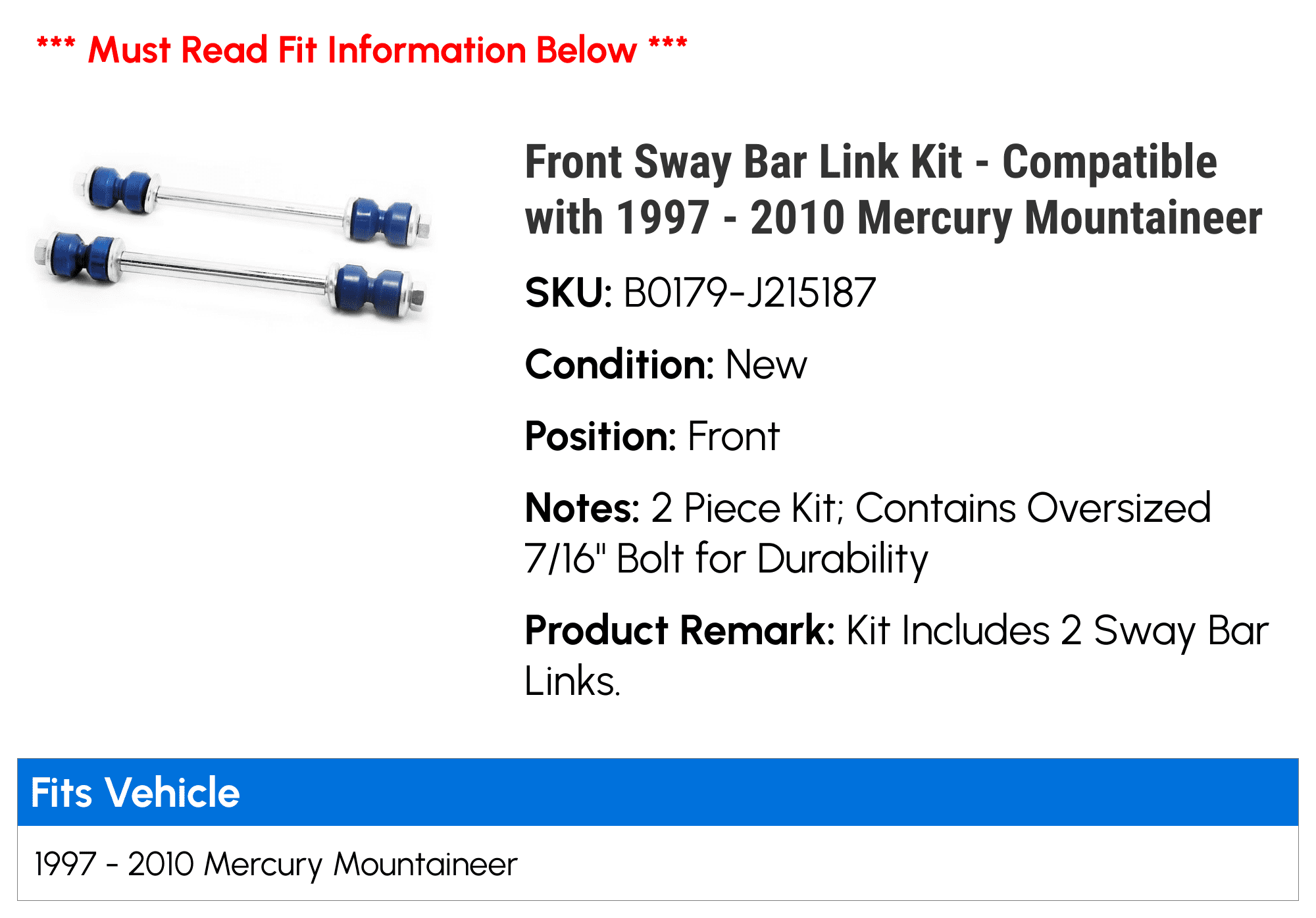 Front Sway Bar Link Kit - Compatible with 1997 - 2010 Mercury Mountaineer 1998 1999 2000 2001 2002 2003 2004 2005 2006 2007 2008 2009