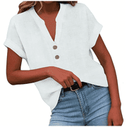 Cmfcve Linen Shirt for Women Summer Button Down Short Sleeve V Neck Tops Solid Color Comfy Blouses Casual Dressy Tunic Top
