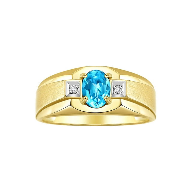RYLOS Men's Rings 14K Yellow Gold Classic 7X5MM Oval Gemstone & Diamond Ring Blue Topaz December Birthstone Rings For Men, Gold Rings Size 10