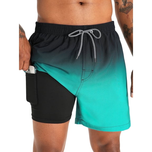 APTRO Mens Swim Trunks With 2 in 1 Compression Liner 5.5"Board Shorts Quick Dry Swimming Bathing Suit Summer Beach Shorts Gradient Green MK183