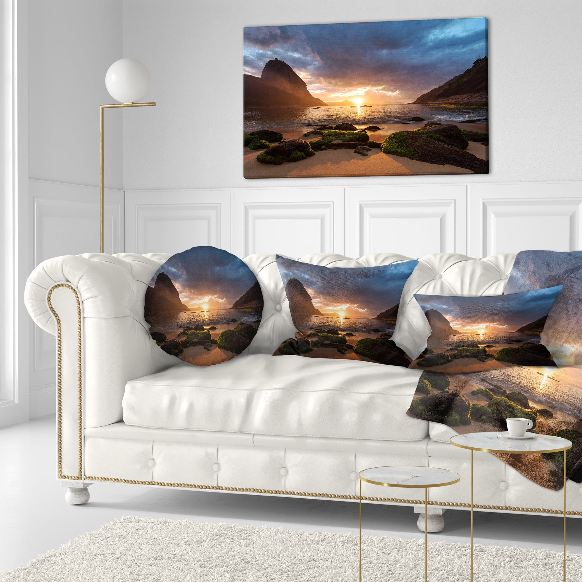 Designart Beautiful Sunrise in Red Seashore - Beach Throw Pillow - 12x20