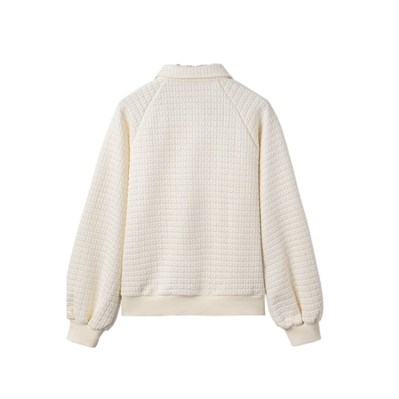 Women's Beige Textured Half-Button Collared Sweatshirt – Casual Long-Sleeve Layer for Everyday Comfort [ZhiHiMeRi] | L