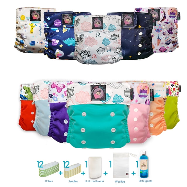 Pack 12 pañales ecológicos My Little Baby 5G Unitalla con detergente rollo y wetbag