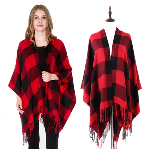Plaid Buffalo Print Poncho Flannel Large Size 51' x 63' Red Black Wrap ...