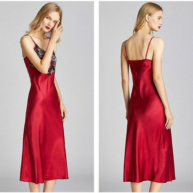 Vestido de satén de encaje Vestido de noche de mujer Correa de seda sintética Ropa de dormir larga Ropa de dormir ShuxiuWang 9024735177357