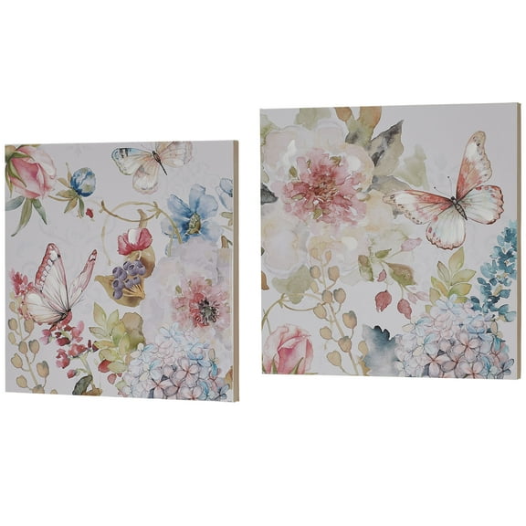 Butterfly Haven Floral Canvas Handpainted Watercolor Wall Art Set Pink, Blue and Green Hues 24"sq. Set of 2