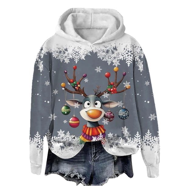 WILLBEST Sudadera Deportiva para Mujer, Estilo Casual, con Estampado Navideño de Ciervos con Cabeza Grande y Copos de Nieve, Cuello Redondo, Manga Larga y Capucha Ligera Chica