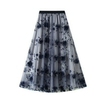 Jdlsppl Women's A Line Skirt Billowy Tulle Skirt Autumn Classic Chic Comfy Light Elastic Bunched Flowy Calf Length Navy Small-Large