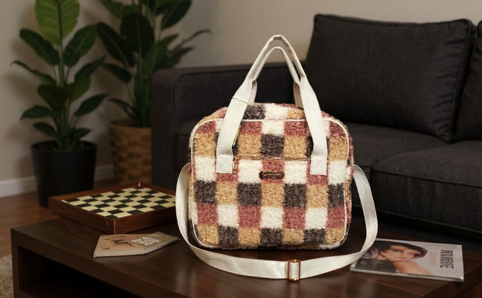 Jessica Simpson Overnight Weekender Duffle Travel Tote Bag with Adjustable Luggage Shoulder Strap for Travel, Commute, and Weekend Getaways in Plush Poptart Checkerboard