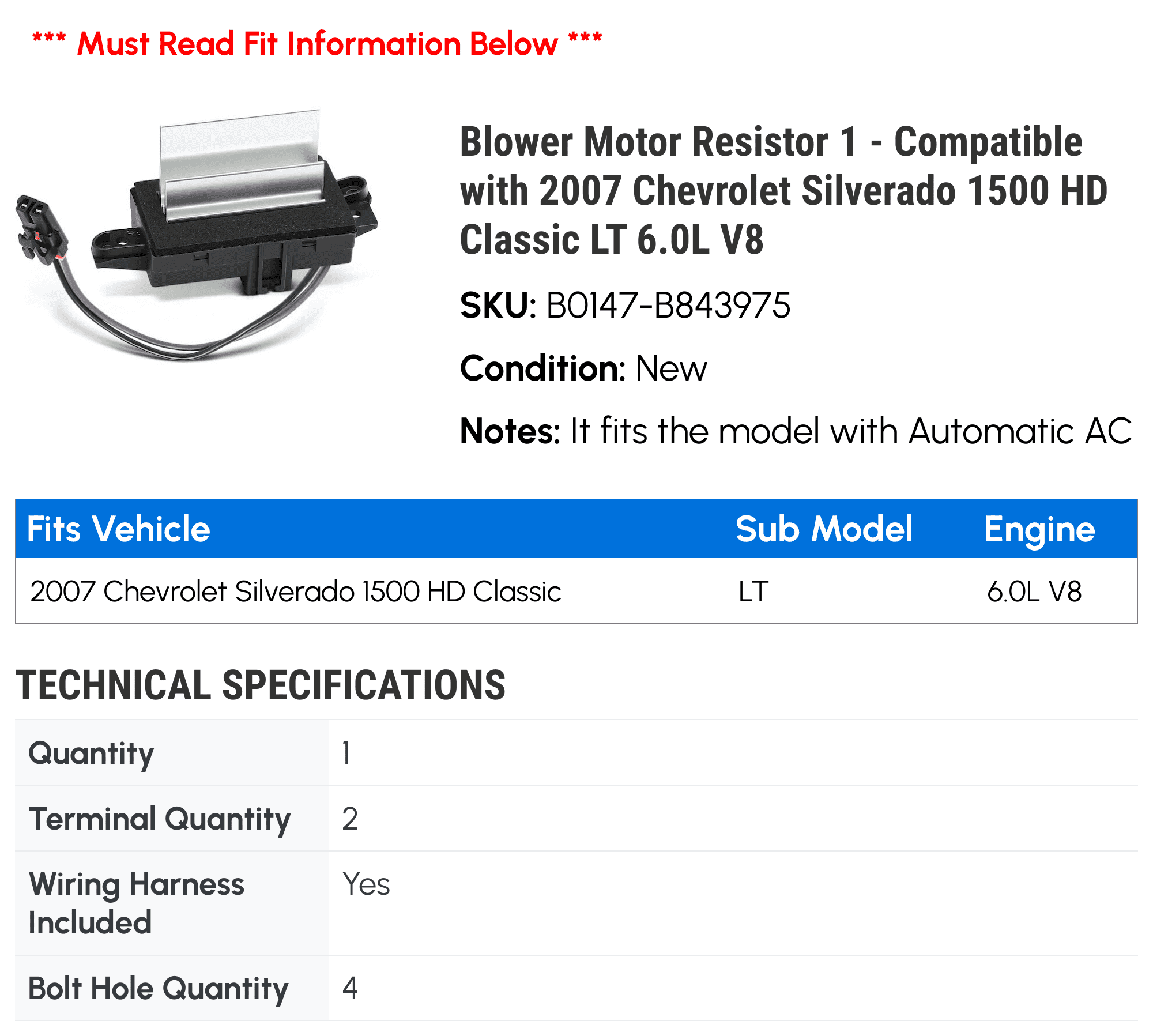 Blower Motor Resistor 1 - Compatible with 2007 Chevy Silverado 1500 HD Classic LT 6.0L V8