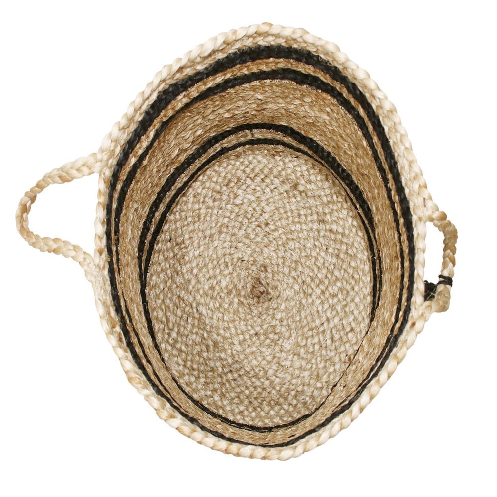 LR Home Woven Round Jute 17" Storage Basket with Handles, Black Double Stripe