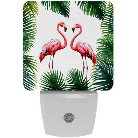 

LED Night Lights Plug into Wall 2-Pack 0.5W Plug in Night Light Dusk to Dawn White Bright Nightlight for Bedroom Bathroom Hallway Kitchen Summer Tropical Jungle Palm Leaves Flamingos