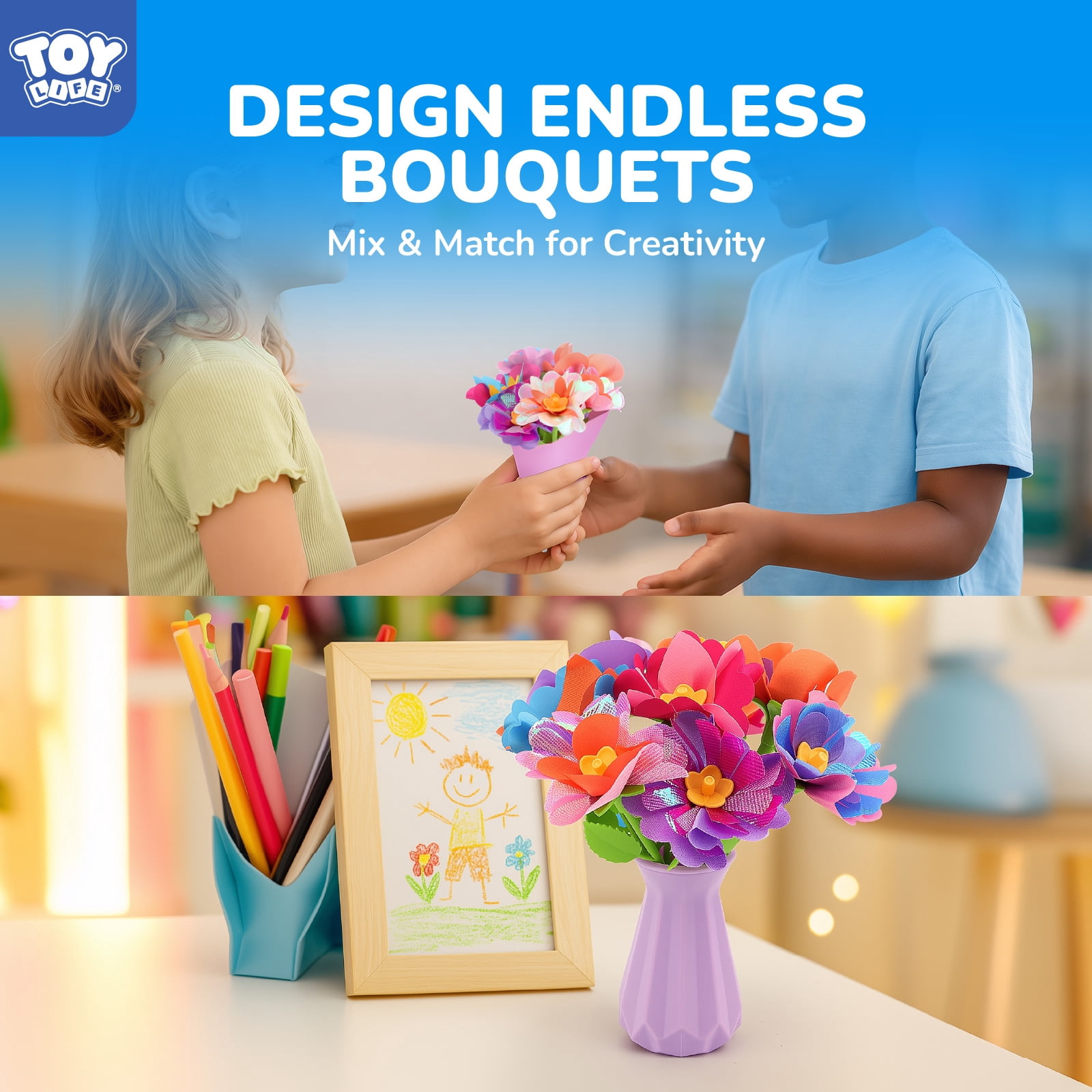 Toy Life DIY Flower Maker for Kids - Fabric Flower Bouquet Craft Kit for Girls 5-8 - Arts and Crafts Kits for 7 Year Old Girls - Flower Making Toy - Birthday Gift for 6 8 Year Old Girls