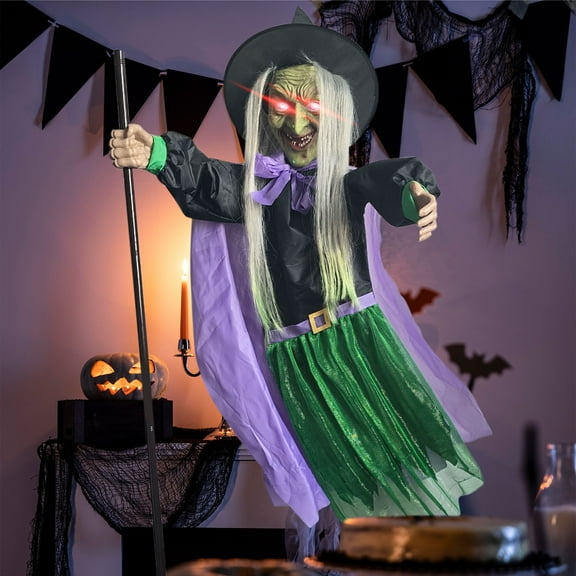 67in Halloween Flying Witch Decor Halloween Decorations with Voice Activated Sensor Scary Props Lighted Displays Flying Witch Decor on Broom Garden Yard Lawn Outdoor Indoor Decor