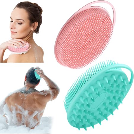 2 Pack Silicone Body Scrubber, 2 in 1 Bath and Shampoo Brush, Soft Silicone Loofah for Sensitive Skin, Double-Sided Body Brush for Men Women, Lathers Well, Gentle Exfoliating (Pink, Green)