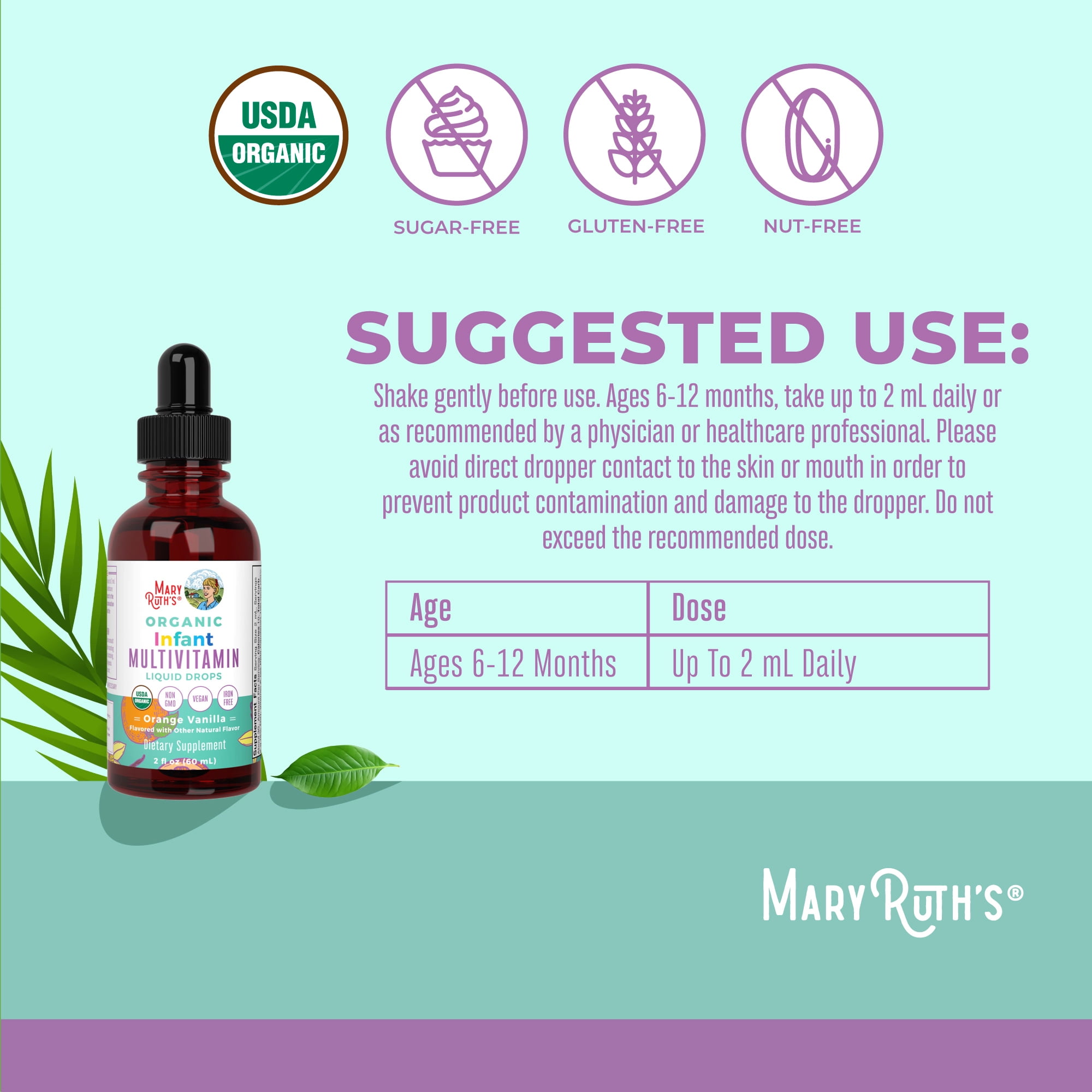 (2 pack) MaryRuth's Liquid Multivitamin for Babies & Infants Iron Free, USDA Organic, Orange Vanilla, 2 fl oz