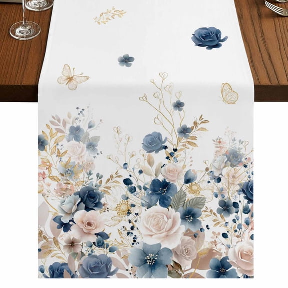 Table Runners 90 Inches Long Dress Scarves, Navy Blue Spring Floral Farmhouse Coffee/Dining/Kitchen Table Runner for Living Room, Elegant Pastoral Flowers Watercolor 13x90 Inch