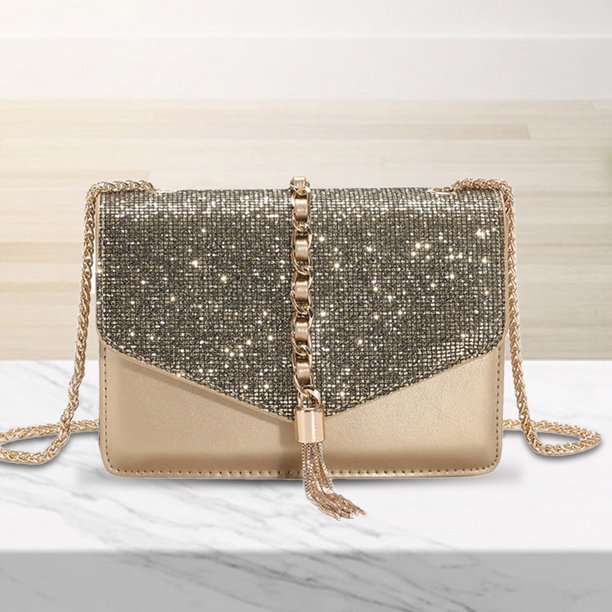 Bolso de mano para mujer Borla de cadena de PU de gran capacidad para viajes de oficina (Oro)