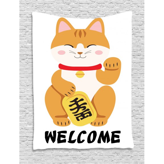 Japanese Cat Tapestry, Welcome Luck Cat Maneki Neko Meow Illustrated, Wall Hanging for Bedroom Living Room Dorm Decor, 40W X 60L Inches, Apricot Ivory Mustard Multicolor, by Ambesonne
