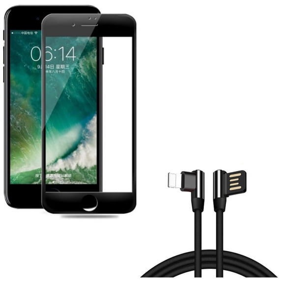 iPhone 8/7/6S/6 - 6ft Angle USB Cable w Ceramics Screen Protector - Charger Cord Power Wire Sync 90 Degree, Matte Black 3D Curved Edge Full Cover Anti Glare for iPhone 8/7/6S/6
