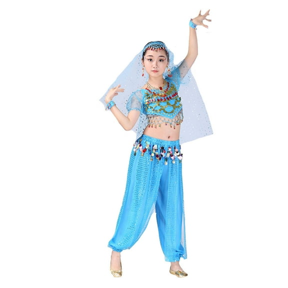 Rhuody 6-7 Years Outfits For Girls Solid Color Sleeveless Round Neck Children Belly Dance Kids Belly Dancing Cloth Classic Daily Wear Sky Blue
