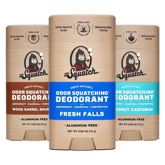 Dr. Squatch Natural Deodorant for Men - Aluminum Free - Fresh Falls, Wood Barrel Bourbon & Coconut Castaway (2.65 oz, 3-Pack)