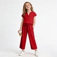 thumbnail image 7 of Girls Tracksuit Full Set 2 Piece - Kids Shorts Sleeve Loose T Shirts And rousers with Pockets Sets, Casual Solid Color Co Ord Outfit, Summer Tees Y2K Streetwear, School Clothes Red 7-8 Years, 7 of 7