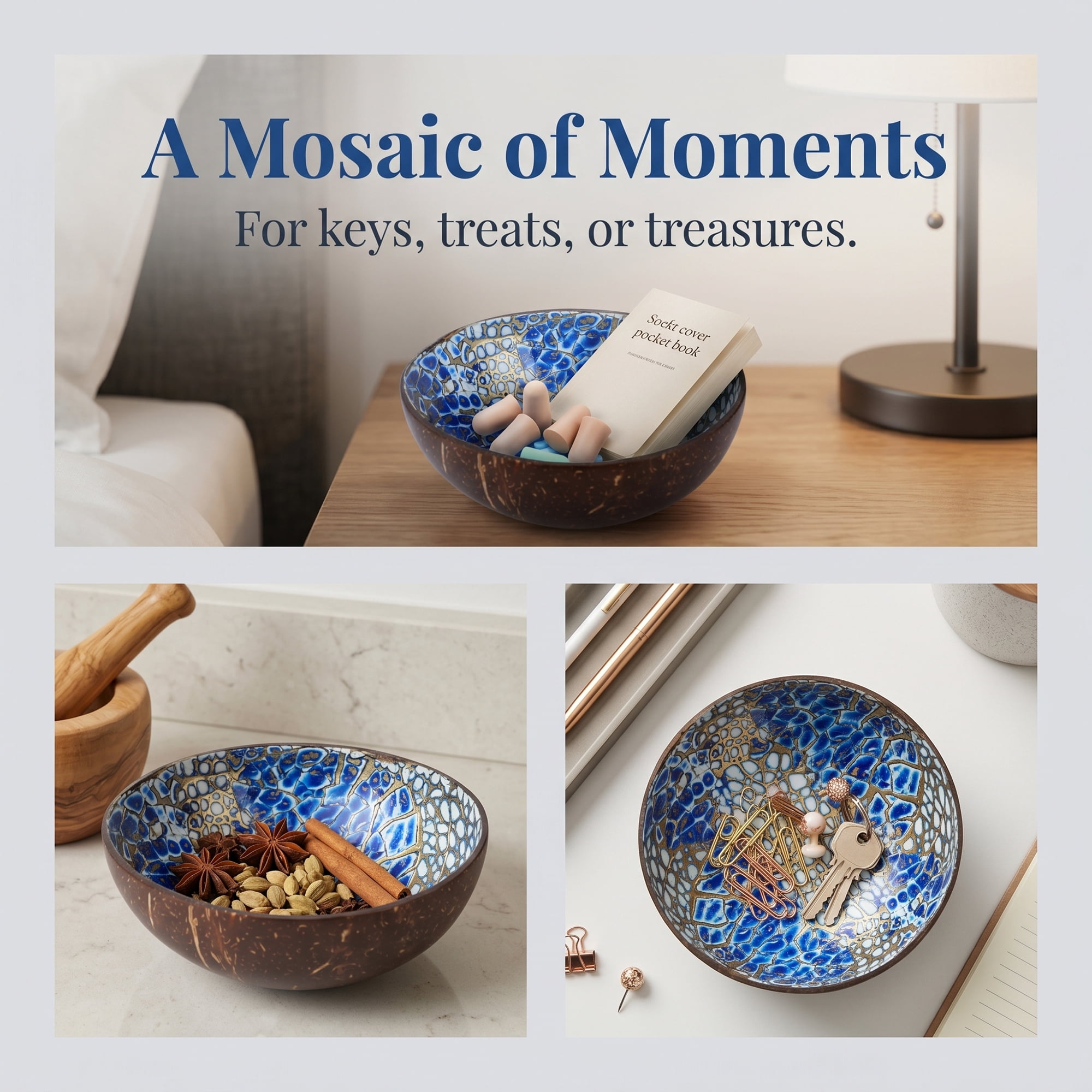 Unique Bargains Handmade Coconut Shell Bowl Catchall Tray Yellow 5.9"L x 5.9"W x 2.8"H