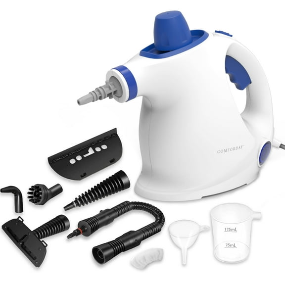 Comforday Multi-Purpose Steam Cleaner, Handheld pressurized portable steam cleaner with child lock function and 9-piece accessories (White And Blue Color)