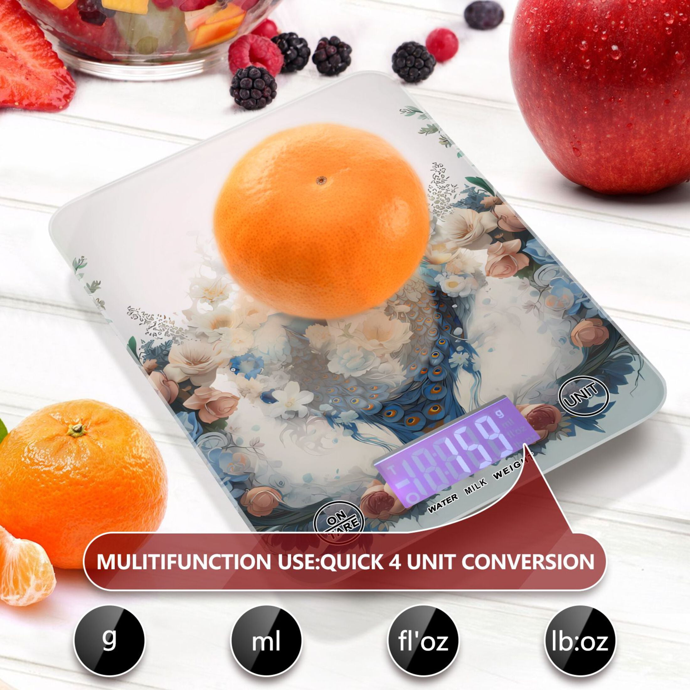 Peacocks Flowers Floral Leaves Green Food Scale Digital Kitchen Scale Waterproof Tempered Glass Tare Function 11 lb for Baking Cooking Meal Prep