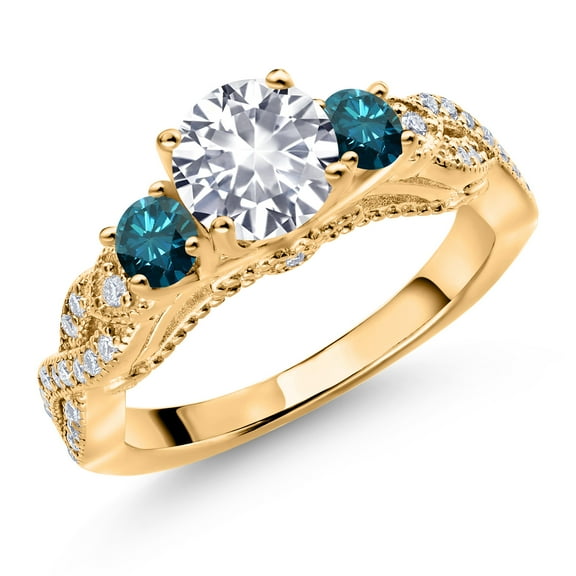 Gem Stone King 18K Yellow Gold Plated Silver White Created Sapphire Blue Diamond and White Moissanite Engagement Ring for Women (1.47 Cttw, Gemstone September Birthstone, Round 6MM and 3MM, Size 7)