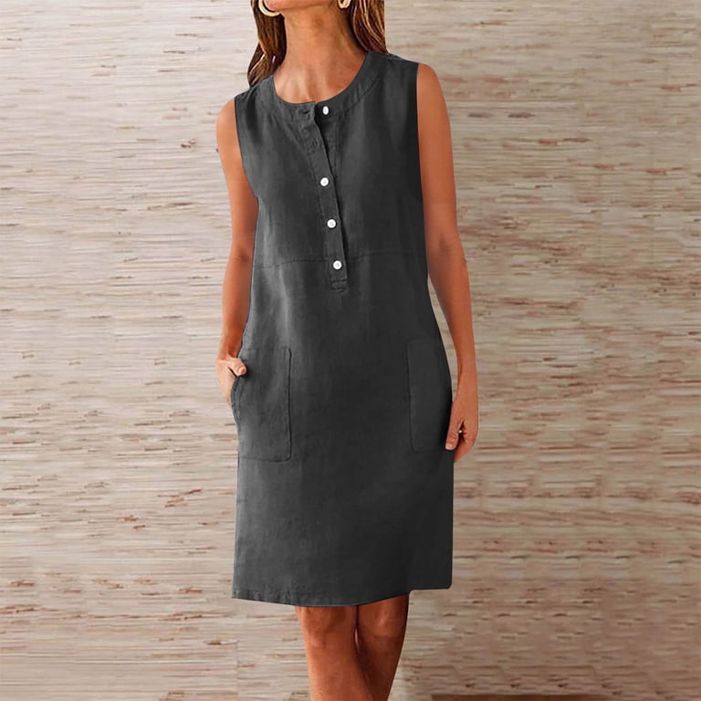 VBTAPA Cotton Linen Mini Dresses for Women Wear to Work Casual Summer Button  Up Crewneck Sleeveless Tunic Dress Black M - Walmart.com