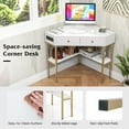 thumbnail image 4 of Resenkos Triangle Corner Desk with Charging Station with 2 Drawers and Storage Shelf-White, Home Office Desks, Gaming Computer Desks for Study,Working,Writing, 4 of 8