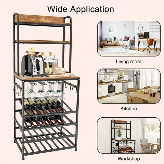 Wine Bar Cabinet Modern 5.2FT Tall Display Wine Storage ShelvesFree Standing Metal Frame, Brown