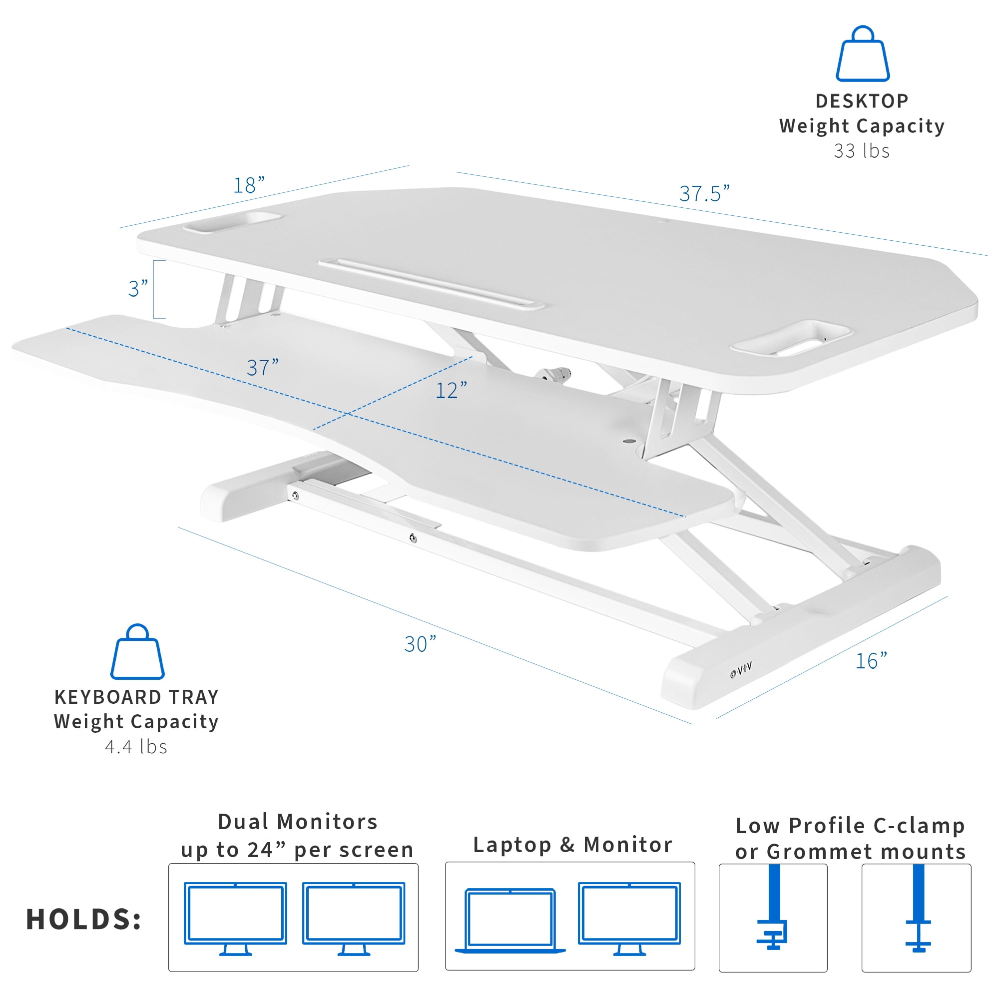 VIVO White Height Adjustable Corner Desktop Monitor Riser 38" Sit Stand Tabletop