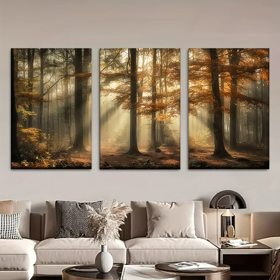 3pcs/set, Canvas painting--Unframed, 30x20inch, Quiet foggy forest in autumn, Wall decoration, bedroom, living room, library, office, cafe, bar, abstract art, perfect birthday, holiday gift, Valenti