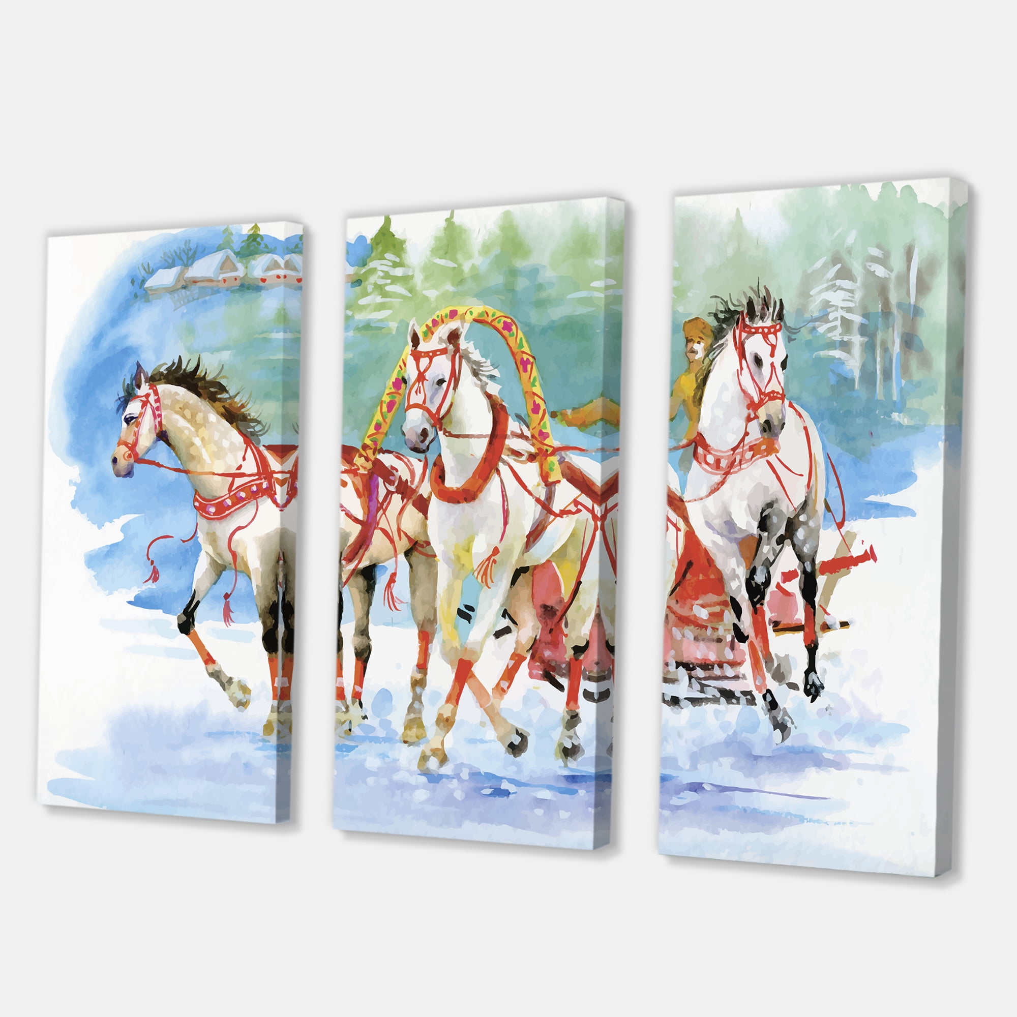 Designart ' Carriage In The Snow With Galoping Horses ' Farmhouse Canvas Wall Art Print