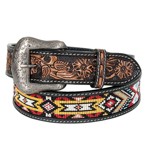 BE Bar H Equine Hand Carved Western Leather Belt Men Women Beaded Large