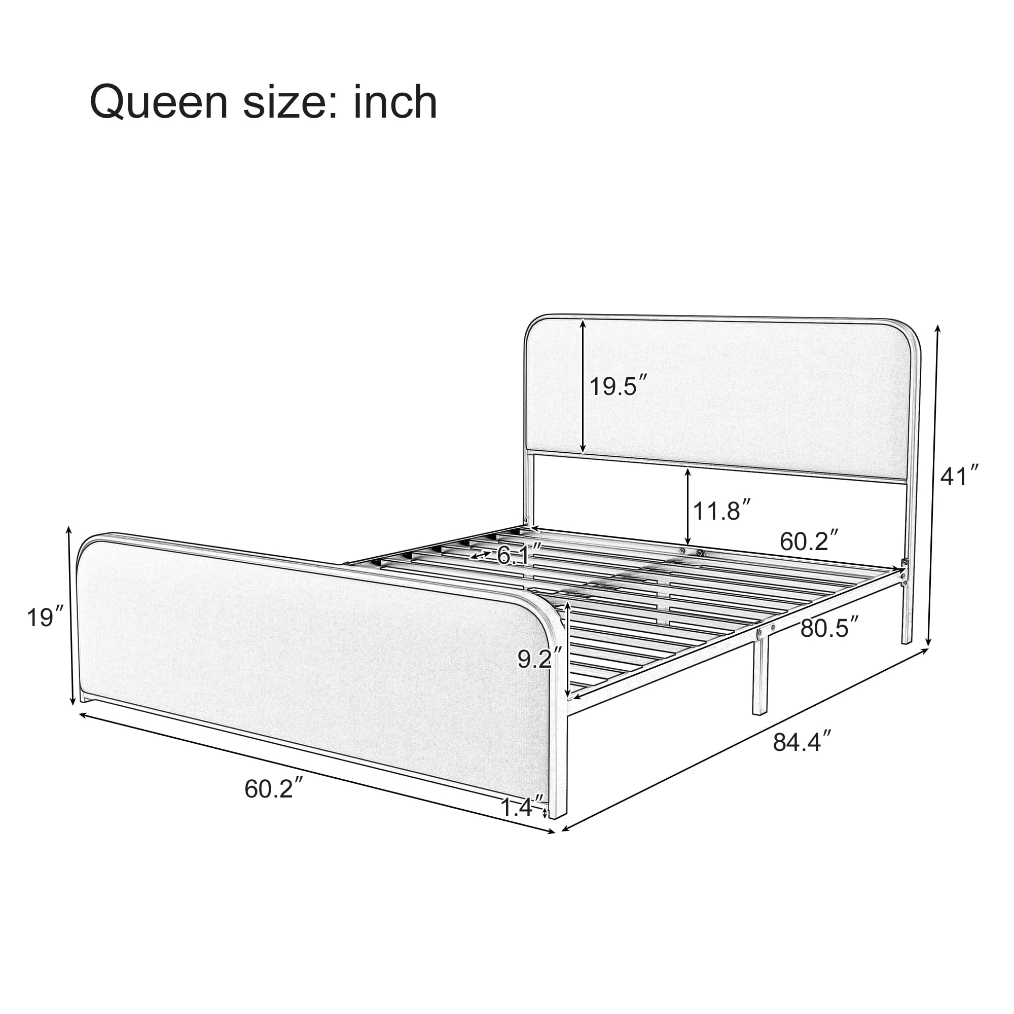 Euroco Gold Metal Bed Frame with Upholstered Headboard, Queen Size Platform Bed for Adults, Beige