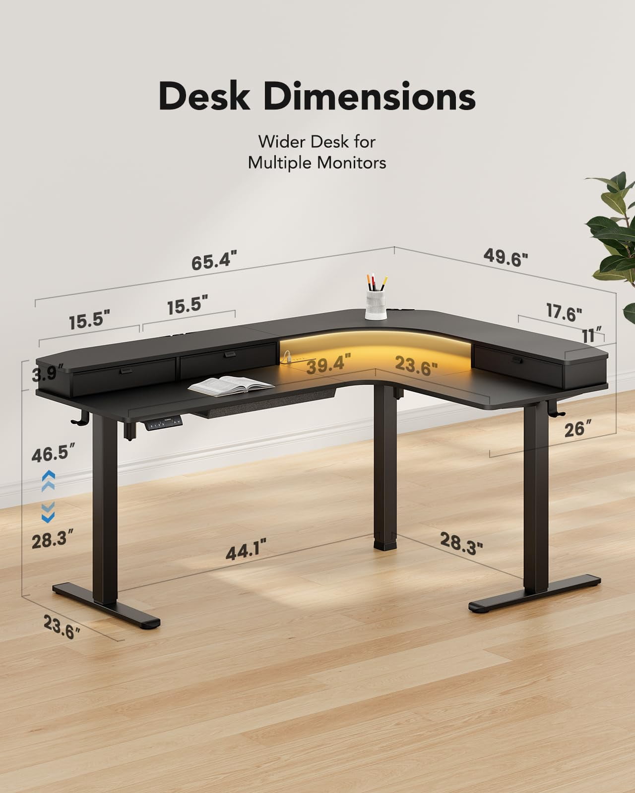 65″ L-Shaped Standing Desk with Power Outlets & LED Strip, Support C-Clamp Mount, Electric Height Adjustable Corner Computer Desk with 3 Drawers, Sit Stand Up Desk with Large Power Strip Holder