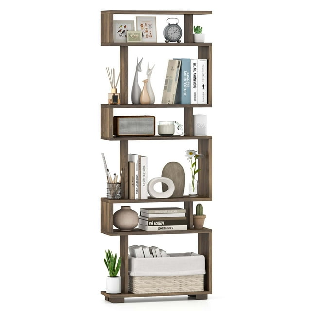 Costway 1 PCS Bookcase 6-Tier Bookshelf with Anti-Tipping Kit Freestanding Display Shelf Brown