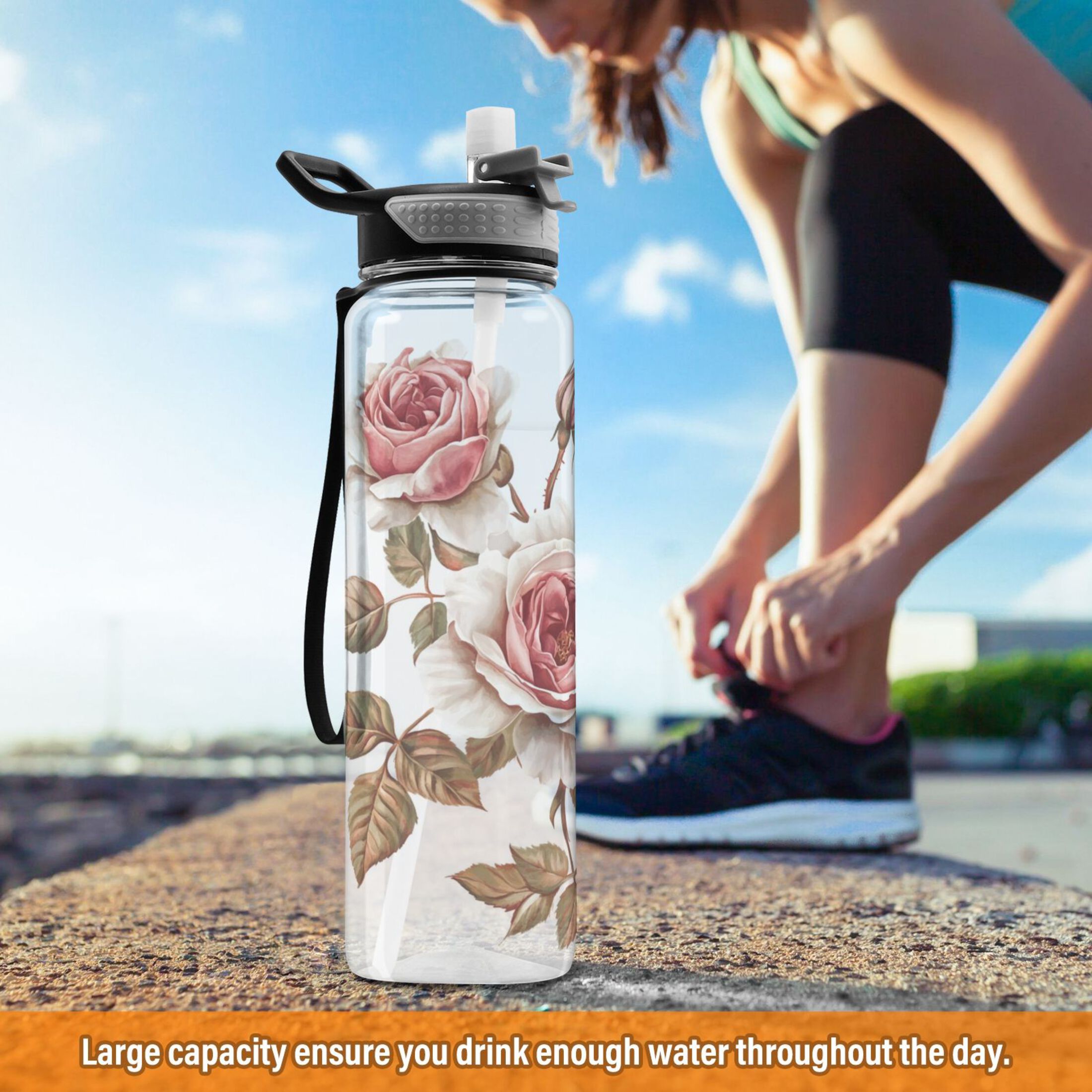 Sports Water Bottle 1000ML Tritan Food Grade Clear Water Bottle Fitness Outdoor Sports Bike Five Pink Roses