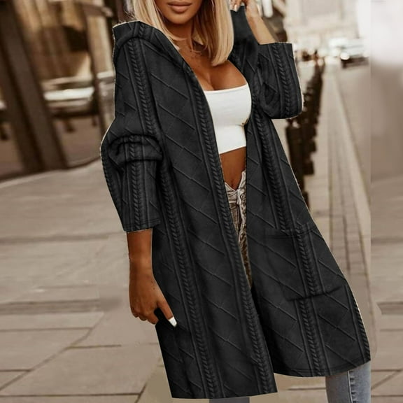 RYDCOT Hooded Sweater Coats for Women Knee Length Long Cardigans Cable Knitted Open Front Oversized Outerwear Sweater Coat with Pockets Sale
