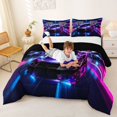 thumbnail image 3 of Castle Fairy Neon Race Car Trio Full Size Comforter Sets 3 Pieces for Kids, Checkered Flag Glow Bedding Sets for Bedroom, Purple Pink,Black Reversible, 3 of 6