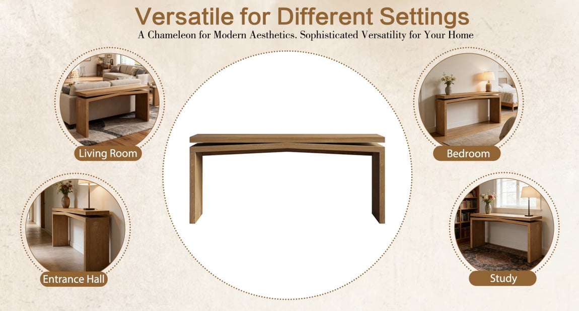 65" Solid Wood Console Table, Long Farmhouse Entryway Table, Rectangular Couch Tables Behind Sofa, Accent Tables for Hallway, Entrance, Brown
